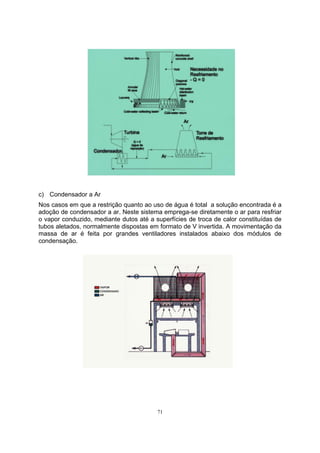 c) Condensador a Ar 
Nos casos em que a restrição quanto ao uso de água é total a solução encontrada é a 
adoção de condensador a ar. Neste sistema emprega-se diretamente o ar para resfriar 
o vapor conduzido, mediante dutos até a superfícies de troca de calor constituídas de 
tubos aletados, normalmente dispostas em formato de V invertida. A movimentação da 
massa de ar é feita por grandes ventiladores instalados abaixo dos módulos de 
condensação. 
71 
 