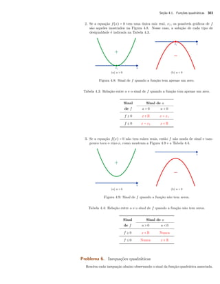 Seção 4.1. Funções quadráticas 303 
2. Se a equação f(x) = 0 tem uma única raiz real, x1, os possíveis gráficos de f 
são aqueles mostrados na Figura 4.8. Nesse caso, a solução de cada tipo de 
desigualdade é indicada na Tabela 4.3. 
(a) a  0 (b) a  0 
Figura 4.8: Sinal de f quando a função tem apenas um zero. 
Tabela 4.3: Relação entre a e o sinal de f quando a função tem apenas um zero. 
Sinal Sinal de a 
de f a  0 a  0 
f C 0 x  R x = x1 
f B 0 x = x1 x  R 
3. Se a equação f(x) = 0 não tem raízes reais, então f não muda de sinal e tam-pouco 
toca o eixo-x, como mostram a Figura 4.9 e a Tabela 4.4. 
(a) a  0 (b) a  0 
Figura 4.9: Sinal de f quando a função não tem zeros. 
Tabela 4.4: Relação entre a e o sinal de f quando a função não tem zeros. 
Sinal Sinal de a 
de f a  0 a  0 
f C 0 x  R Nunca 
f B 0 Nunca x  R 
Problema 6. Inequações quadráticas 
Resolva cada inequação abaixo observando o sinal da função quadrática associada. 
 