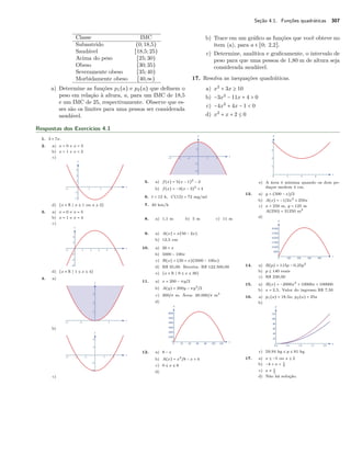 Seção 4.1. Funções quadráticas 307 
Classe IMC 
Subnutrido (0; 18,5) 
Saudável [18,5; 25) 
Acima do peso [25; 30) 
Obeso [30; 35) 
Severamente obeso [35; 40) 
Morbidamente obeso [40,ª) 
a) Determine as funções p1(a) e p2(a) que definem o 
peso em relação à altura, a, para um IMC de 18,5 
e um IMC de 25, respectivamente. Observe que es-ses 
são os limites para uma pessoa ser considerada 
saudável. 
b) Trace em um gráfico as funções que você obteve no 
item (a), para a  [0; 2,2]. 
c) Determine, analítica e graficamente, o intervalo de 
peso para que uma pessoa de 1,80 m de altura seja 
considerada saudável. 
17. Resolva as inequações quadráticas. 
a) x2 + 3x C 10 
b) −3x2 − 11x + 4  0 
c) −4x2 + 4x − 1  0 
d) x2 + x + 2 B 0 
Respostas dos Exercícios 4.1 
1. 3 + 7x. 
2. a) x = 0 e x = 3 
b) x = 1 e x = 2 
c) 
d) {x  R S x B 1 ou x C 2} 
3. a) x = 0 e x = 5 
b) x = 1 e x = 4 
c) 
d) {x  R S 1 B x B 4} 
4. a) 
b) 
c) 
5. a) f(x) = 5(x − 1)2 − 2 
b) f(x) = −3(x − 3)2 + 4 
6. t = 12 h, C(12) = 72 mg/ml 
7. 40 km/h 
8. a) 1,1 m b) 5 m c) 11 m 
9. a) A(x) = x(50 − 2x) 
b) 12,5 cm 
10. a) 20 + x 
b) 5000 − 100x 
c) R(x) = (20 + x)(5000 − 100x) 
d) R$ 35,00. Receita: R$ 122.500,00 
e) {x  R S 0 B x B 30} 
11. a) x = 200 − y~2 
b) A(y) = 200y − y2~2 
c) 200~ m. Área: 20.000~ m2 
d) 
12. a) 8 − x 
b) A(x) = x2~8 − x + 4 
c) 0 B x B 8 
d) 
e) A área é mínima quando os dois pe-daços 
medem 4 cm. 
13. a) y = (500 − x)~2 
b) A(x) = −1~2x2 + 250x 
c) x = 250 m, y = 125 m 
A(250) = 31250 m2 
d) 
14. a) R(p) = 115p − 0,25p2 
b) p B 140 reais 
c) R$ 230,00 
15. a) R(x) = −2000x2 + 10000x + 100000 
b) x = 2,5. Valor do ingresso R$ 7,50 
16. a) p1(a) = 18,5a; p2(a) = 25a 
b) 
c) 59,94 kg B p B 81 kg 
17. a) x B −5 ou x C 2 
b) −4  x  1 
3 
c) x x 12 
d) Não há solução. 
 