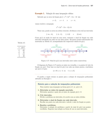 Seção 4.3. Zeros reais de funções polinomiais 327 
Exemplo 1. Solução de uma inequação cúbica 
Sabendo que os zeros da função p(x) = x3 + 2x2 − 11x − 12 são 
x = 3, x = −1 e x = −4, 
vamos resolver a inequação 
x3 + 2x2 − 11x − 12 B 0. 
Nesse caso, pondo os zeros em ordem crescente, dividimos a reta real nos intervalos 
(−ª,−4), (−4,−1), (−1,3) e (3,ª). 
Como p(x) só muda de sinal em seus zeros, testamos o sinal da função em cada 
intervalo calculando seu valor em um único ponto. Os quatro pontos selecionados são 
mostrados na Tabela 4.5, acompanhados dos respectivos valores de p(x). 
Tabela 4.5 
x p(x) 
-5 -32 
-2 10 
0 -12 
4 40 
Figura 4.17: Sinal de p(x) nos intervalos entre raízes consecutivas. 
O diagrama da Figura 4.17 mostra as raízes em vermelho, e os pontos de teste da 
função em azul. Com base no sinal de p(x) em cada um desses pontos, concluímos 
que p(x) B 0 para 
{x  R S x B −4 ou − 1 B x B 3}. 
O quadro a seguir resume os passos para a solução de inequações polinomiais 
adotados no Exemplo 1. 
Roteiro para a solução de inequações polinomiais 
Para resolver uma inequação na forma p(x) B 0 ou p(x) C 0, 
1. Determine as raízes da equação associada. 
Determine quantas e quais são as raízes da equação p(x) = 0. 
2. Crie intervalos. 
Divida o problema em intervalos, de acordo com as raízes obtidas. 
3. Determine o sinal da função em cada intervalo. 
Escolha um ponto em cada intervalo e calcule o valor da função no ponto. 
4. Resolva o problema. 
Determine a solução do problema a partir do sinal de p(x) nos pontos 
escolhidos. Expresse essa solução na forma de um ou mais intervalos. 
 
