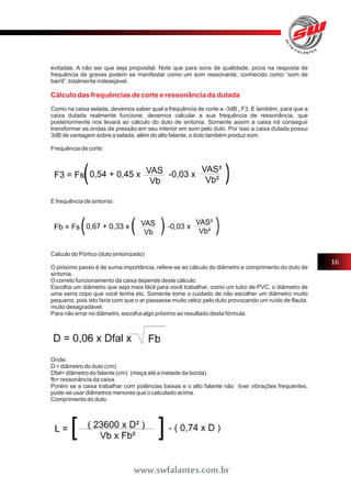 evitadas. A não ser que seja proposital. Note que para sons de qualidade, picos na resposta de 
frequência de graves podem se manifestar como um som ressonante, conhecido como “som de 
barril”, totalmente indesejável. 
Cálculo das frequências de corte e ressonância da dutada 
Como na caixa selada, devemos saber qual a frequência de corte a -3dB , F3. E também, para que a 
caixa dutada realmente funcione, devemos calcular a sua frequência de ressonância, que 
posteriormente nos levará ao cálculo do duto de sintonia. Somente assim a caixa irá conseguir 
transformar as ondas de pressão em seu interior em som pelo duto. Por isso a caixa dutada possui 
3dB de vantagem sobre a selada, além do alto falante, o duto também produz som. 
Frequência de corte: 
E frequência de sintonia : 
Calculo do Pórtico (duto sintonizado) 
O próximo passo é de suma importância, refere-se ao cálculo do diâmetro e comprimento do duto de 
sintonia. 
O correto funcionamento da caixa depende deste cálculo. 
Escolha um diâmetro que seja mais fácil para você trabalhar, como um tubo de PVC, o diâmetro de 
uma serra copo que você tenha etc. Somente tome o cuidado de não escolher um diâmetro muito 
pequeno, pois isto faria com que o ar passasse muito veloz pelo duto provocando um ruído de flauta, 
muito desagradável. 
Para não errar no diâmetro, escolha algo próximo ao resultado desta fórmula: 
Onde: 
D = diâmetro do duto (cm). 
Dfal= diâmetro do falante (cm) (meça até a metade da borda). 
fb= ressonância da caixa. 
Porém se a caixa trabalhar com potências baixas e o alto falante não tiver vibrações frequentes, 
pode-se usar diâmetros menores que o calculado acima. 
Comprimento do duto: 
16 
www.swfalantes.com.br 
 