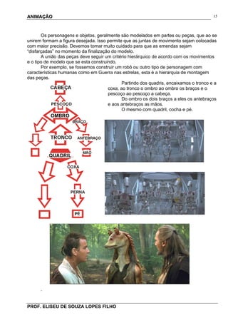ANIMAÇÃO
PROF. ELISEU DE SOUZA LOPES FILHO
15
Os personagens e objetos, geralmente são modelados em partes ou peças, que ao se
unirem formam a figura desejada. Isso permite que as juntas de movimento sejam colocadas
com maior precisão. Devemos tomar muito cuidado para que as emendas sejam
“disfarçadas” no momento da finalização do modelo.
A união das peças deve seguir um critério hierárquico de acordo com os movimentos
e o tipo de modelo que se esta construindo.
Por exemplo, se fossemos construir um robô ou outro tipo de personagem com
características humanas como em Guerra nas estrelas, esta é a hierarquia de montagem
das peças.
Partindo dos quadris, encaixamos o tronco e a
coxa, ao tronco o ombro ao ombro os braços e o
pescoço ao pescoço a cabeça.
Do ombro os dois braços a eles os antebraços
e aos antebraços as mãos.
O mesmo com quadril, cocha e pé.
.
 