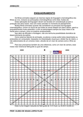 ANIMAÇÃO
PROF. ELISEU DE SOUZA LOPES FILHO
20
ENQUADRAMENTO
Os filmes animados seguem as mesmas regras de linguagem cinematográfica dos
filmes ao vivo, inclusive as pontuações cinematográficas como fade, fusões etc.
Estas aplicações de linguagem devem ser levadas em consideração já para a
produção dos story board, mas com maior precisão no momento do planejamento.
Muitos filmes animados quando não consideram os princípios da linguagem
cinematográfica, correm os riscos de que todas as cenas estejam em plano aberto, geral ou
enquadramentos muito parecidos, e com os personagens sempre de corpo inteiro e de
frente para a camera, como os quadros renascentistas.
Isso alem de dificultar a montagem, não cria nenhuma possibilidade dramática de
desenvolvimento da estória.
Como estamos falando de animação, os planos e cenas serão todos desenhados ou
produzidos em computador, baseados na interpretação visual que o diretor faz do roteiro, e
não selecionados de um universo maior, através de um visor de camera como o filme ao
vivo.
Para isso precisamos também de uma referencia, como um visor de camera, esse
nosso visor chama-se field-guide ou guia de campo.
Esta é uma imagem reduzida do field guide de 12 X 9 pol. ou 30,48 X 22,86 cm.
 