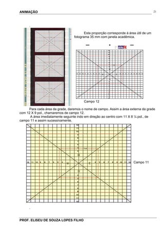 ANIMAÇÃO
PROF. ELISEU DE SOUZA LOPES FILHO
21
.
Esta proporção corresponde á área útil de um
fotograma 35 mm com janela acadêmica.
Campo 12
Para cada área da grade, daremos o nome de campo. Assim a área externa da grade
com 12 X 9 pol., chamaremos de campo 12.
A área imediatamente seguinte indo em direção ao centro com 11 X 8 ¼ pol., de
campo 11 e assim sucessivamente.
Campo 11
.
 