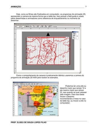 ANIMAÇÃO
PROF. ELISEU DE SOUZA LOPES FILHO
23
Hoje, como os filmes são finalizados em computador, os programas de animação 2D,
apresentam a camera da mesma forma que a table top. Isso porque o field guide é usado
pelos desenhistas e animadores como referencia de enquadramento no momento de
desenhar.
Como o comportamento da camera é praticamente idêntico usaremos a camera do
programa de animação 2D AXA para ilustrar os exemplos.
Podemos ter uma arte ou
desenho maior que campo 12 e
ate mesmo maior que campo
23, isso quando se quer passear
pela imagem. Para isso basta
mover o desenho
movimentando a mesa no caso
da table top, ou mover a arte no
computador.
 