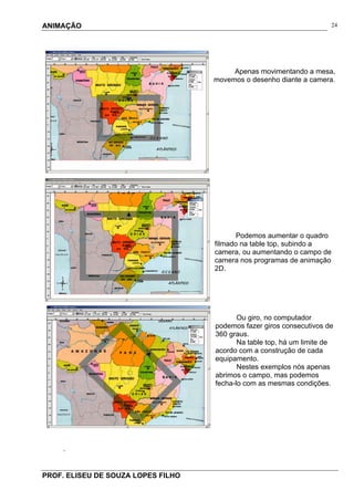 ANIMAÇÃO
PROF. ELISEU DE SOUZA LOPES FILHO
24
Apenas movimentando a mesa,
movemos o desenho diante a camera.
Podemos aumentar o quadro
filmado na table top, subindo a
camera, ou aumentando o campo de
camera nos programas de animação
2D.
Ou giro, no computador
podemos fazer giros consecutivos de
360 graus.
Na table top, há um limite de
acordo com a construção de cada
equipamento.
Nestes exemplos nós apenas
abrimos o campo, mas podemos
fecha-lo com as mesmas condições.
.
 