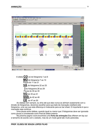 ANIMAÇÃO
PROF. ELISEU DE SOUZA LOPES FILHO
30
.
A silaba CO vai do fotograma 1 ao 6
MO do fotograma 7 ao 10
Pausa do 11 ao 21
VÁ do fotograma 22 ao 25
I do fotograma 26 ao 29
Pausa do 30 ao 34
VO do 35 ao 41
SSS do 42 ao 46
CE do 47 ao 50
As silabas nem sempre, eu diria até que elas nunca se alinham exatamente com a
divisão de fotogramas, devemos escolher para que lado da marcação creditará este
fotograma, uma vez que esta diferença é irrelevante para ao bar sheet. O importante é que a
marcação seja continua.
Uma pausa entre silabas, quando igual ou menor que 3 fotogramas deve ser ignorada
como pausa e considerada como final da silaba anterior.
Na próxima pagina você encontrara uma ficha de animação.Elas diferem em lay out
e tamanho de acordo com o estúdio, mas de um modo geral são muito parecidas.
 