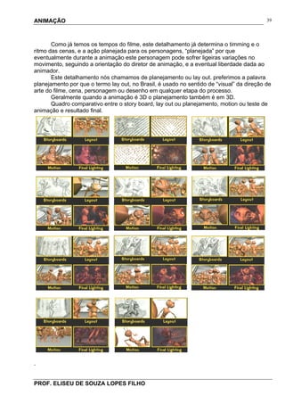 ANIMAÇÃO
PROF. ELISEU DE SOUZA LOPES FILHO
39
Como já temos os tempos do filme, este detalhamento já determina o timming e o
ritmo das cenas, e a ação planejada para os personagens, “planejada” por que
eventualmente durante a animação este personagem pode sofrer ligeiras variações no
movimento, seguindo a orientação do diretor de animação, e a eventual liberdade dada ao
animador.
Este detalhamento nós chamamos de planejamento ou lay out. preferimos a palavra
planejamento por que o termo lay out, no Brasil, é usado no sentido de “visual” da direção de
arte do filme, cena, personagem ou desenho em qualquer etapa do processo.
Geralmente quando a animação é 3D o planejamento também é em 3D.
Quadro comparativo entre o story board, lay out ou planejamento, motion ou teste de
animação e resultado final.
.
 