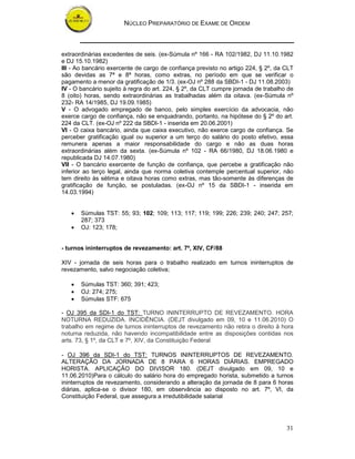 NÚCLEO PREPARATÓRIO DE EXAME DE ORDEM
31
extraordinárias excedentes de seis. (ex-Súmula nº 166 - RA 102/1982, DJ 11.10.1982
e DJ 15.10.1982)
III - Ao bancário exercente de cargo de confiança previsto no artigo 224, § 2º, da CLT
são devidas as 7ª e 8ª horas, como extras, no período em que se verificar o
pagamento a menor da gratificação de 1/3. (ex-OJ nº 288 da SBDI-1 - DJ 11.08.2003)
IV - O bancário sujeito à regra do art. 224, § 2º, da CLT cumpre jornada de trabalho de
8 (oito) horas, sendo extraordinárias as trabalhadas além da oitava. (ex-Súmula nº
232- RA 14/1985, DJ 19.09.1985)
V - O advogado empregado de banco, pelo simples exercício da advocacia, não
exerce cargo de confiança, não se enquadrando, portanto, na hipótese do § 2º do art.
224 da CLT. (ex-OJ nº 222 da SBDI-1 - inserida em 20.06.2001)
VI - O caixa bancário, ainda que caixa executivo, não exerce cargo de confiança. Se
perceber gratificação igual ou superior a um terço do salário do posto efetivo, essa
remunera apenas a maior responsabilidade do cargo e não as duas horas
extraordinárias além da sexta. (ex-Súmula nº 102 - RA 66/1980, DJ 18.06.1980 e
republicada DJ 14.07.1980)
VII - O bancário exercente de função de confiança, que percebe a gratificação não
inferior ao terço legal, ainda que norma coletiva contemple percentual superior, não
tem direito às sétima e oitava horas como extras, mas tão-somente às diferenças de
gratificação de função, se postuladas. (ex-OJ nº 15 da SBDI-1 - inserida em
14.03.1994)
• Súmulas TST: 55; 93; 102; 109; 113; 117; 119; 199; 226; 239; 240; 247; 257;
287; 373
• OJ: 123; 178;
- turnos ininterruptos de revezamento: art. 7º, XIV, CF/88
XIV - jornada de seis horas para o trabalho realizado em turnos ininterruptos de
revezamento, salvo negociação coletiva;
• Súmulas TST: 360; 391; 423;
• OJ: 274; 275;
• Súmulas STF: 675
- OJ 395 da SDI-1 do TST: TURNO ININTERRUPTO DE REVEZAMENTO. HORA
NOTURNA REDUZIDA. INCIDÊNCIA. (DEJT divulgado em 09, 10 e 11.06.2010) O
trabalho em regime de turnos ininterruptos de revezamento não retira o direito à hora
noturna reduzida, não havendo incompatibilidade entre as disposições contidas nos
arts. 73, § 1º, da CLT e 7º, XIV, da Constituição Federal
- OJ 396 da SDI-1 do TST: TURNOS ININTERRUPTOS DE REVEZAMENTO.
ALTERAÇÃO DA JORNADA DE 8 PARA 6 HORAS DIÁRIAS. EMPREGADO
HORISTA. APLICAÇÃO DO DIVISOR 180. (DEJT divulgado em 09, 10 e
11.06.2010)Para o cálculo do salário hora do empregado horista, submetido a turnos
ininterruptos de revezamento, considerando a alteração da jornada de 8 para 6 horas
diárias, aplica-se o divisor 180, em observância ao disposto no art. 7º, VI, da
Constituição Federal, que assegura a irredutibilidade salarial
 