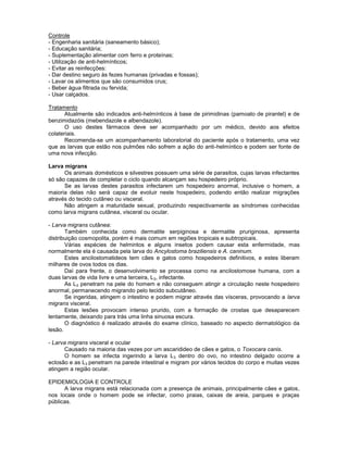 Controle
- Engenharia sanitária (saneamento básico);
- Educação sanitária;
- Suplementação alimentar com ferro e proteínas;
- Utilização de anti-helmínticos;
- Evitar as reinfecções:
- Dar destino seguro às fezes humanas (privadas e fossas);
- Lavar os alimentos que são consumidos crus;
- Beber água filtrada ou fervida;
- Usar calçados.
Tratamento
Atualmente são indicados anti-helmínticos à base de pirimidinas (pamoato de pirantel) e de
benzimidazóis (mebendazole e albendazole).
O uso destes fármacos deve ser acompanhado por um médico, devido aos efeitos
colateriais.
Recomenda-se um acompanhamento laboratorial do paciente após o tratamento, uma vez
que as larvas que estão nos pulmões não sofrem a ação do anti-helmíntico e podem ser fonte de
uma nova infecção.
Larva migrans
Os animais domésticos e silvestres possuem uma série de parasitos, cujas larvas infectantes
só são capazes de completar o ciclo quando alcançam seu hospedeiro próprio.
Se as larvas destes parasitos infectarem um hospedeiro anormal, inclusive o homem, a
maioria delas não será capaz de evoluir neste hospedeiro, podendo então realizar migrações
através do tecido cutâneo ou visceral.
Não atingem a maturidade sexual, produzindo respectivamente as síndromes conhecidas
como larva migrans cutânea, visceral ou ocular.
- Larva migrans cutânea:
Também conhecida como dermatite serpiginosa e dermatite pruriginosa, apresenta
distribuição cosmopolita, porém é mais comum em regiões tropicais e subtropicais.
Várias espécies de helmintos e alguns insetos podem causar esta enfermidade, mas
normalmente ela é causada pela larva do Ancylostoma braziliensis e A. caninum.
Estes ancilostomatideos tem cães e gatos como hospedeiros definitivos, e estes liberam
milhares de ovos todos os dias.
Daí para frente, o desenvolvimento se processa como na ancilostomose humana, com a
duas larvas de vida livre e uma terceira, L3, infectante.
As L3 penetram na pele do homem e não conseguem atingir a circulação neste hospedeiro
anormal, permanecendo migrando pelo tecido subcutâneo.
Se ingeridas, atingem o intestino e podem migrar através das vísceras, provocando a larva
migrans visceral.
Estas lesões provocam intenso prurido, com a formação de crostas que desaparecem
lentamente, deixando para trás uma linha sinuosa escura.
O diagnóstico é realizado através do exame clínico, baseado no aspecto dermatológico da
lesão.
- Larva migrans visceral e ocular
Causado na maioria das vezes por um ascaridideo de cães e gatos, o Toxocara canis.
O homem se infecta ingerindo a larva L3 dentro do ovo, no intestino delgado ocorre a
eclosão e as L3 penetram na parede intestinal e migram por vários tecidos do corpo e muitas vezes
atingem a região ocular.
EPIDEMIOLOGIA E CONTROLE
A larva migrans está relacionada com a presença de animais, principalmente cães e gatos,
nos locais onde o homem pode se infectar, como praias, caixas de areia, parques e praças
públicas.
 