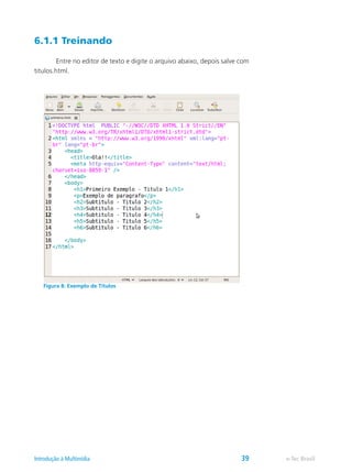 6.1.1 Treinando
	 Entre no editor de texto e digite o arquivo abaixo, depois salve com
titulos.html.
Figura 8: Exemplo de Títulos
e-Tec BrasilIntrodução à Multimídia 39
 