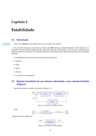 Capítulo 5
Estabilidade
5.1 Introdução
5_Estabilidade/
5_estabilidade.tex
Trata-se do objetivo mais importante para um sistema de controle.
Para sistemas lineares e invariantes no tempo são BIBO estáveis (entrada limitada e saída limitada) se a
aplicação de uma entrada limitada produz uma saída limitada. Mas atenção, este conceito é suﬁciente para
sistemas contínuos no tempo. Para sistemas discretos (amostrados) ainda depende do período de amostragem
adotado!
A estabilidade de um sistema em malha fechada depende de:
• Ganhos;
• Pólos;
• Zeros;
• Atrazos;
• T, período de amostragem.
5.2 Regime transitório de um sistema submetido a uma entrada limitada
(degrau)
Suponha que temos o sistema mostrado na ﬁgura 5.1.
C(z) BoG(z)
U(z)
H(z)
R(z) E(z) Y (z)
−
Y (z)
Figura 5.1: Sistema em malha fechada.
onde:
Y (z)
R(z)
=
C(z)BoG(z)
1 + C(z)BoG(z)H(z)
= FTMF(z) =
N(z)
D(z)
conforme mostra a ﬁgura 5.2.
FTMF(z)
R(z) Y (z)
Figura 5.2: Função de malha-fechada.
13
 