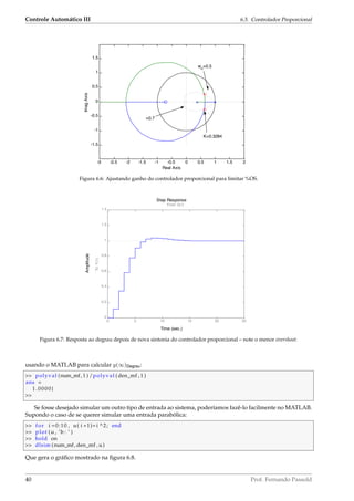 Controle Automático III 6.3. Controlador Proporcional
-3 -2.5 -2 -1.5 -1 -0.5 0 0.5 1 1.5 2
-1.5
-1
-0.5
0
0.5
1
1.5
Real Axis
ImagAxis
K=0.3284
=0.7
wn
=0.5
Figura 6.6: Ajustando ganho do controlador proporcional para limitar %OS.
Time (sec.)
Amplitude
Step Response
0 5 10 15 20 25
0
0.2
0.4
0.6
0.8
1
1.2
1.4
From: U(1)
To:Y(1)
Figura 6.7: Resposta ao degrau depois de nova sintonia do controlador proporcional – note o menor overshoot.
usando o MATLAB para calcular y(∞)Degrau:
 polyval (num_mf, 1 ) /polyval ( den_mf , 1 )
ans =
1.0000}

Se fosse desejado simular um outro tipo de entrada ao sistema, poderíamos fazê-lo facilmente no MATLAB.
Supondo o caso de se querer simular uma entrada parabólica:
 for i =0:10 , u( i +1)= i ^2; end
 plot (u , ’b : ’ )
 hold on
 dlsim (num_mf, den_mf , u)
Que gera o gráﬁco mostrado na ﬁgura 6.8.
40 Prof. Fernando Passold
 