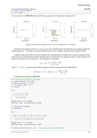 6.5. Controlador Deat Beat – Resumo
Controle Autom
ático III
 figure ; rlocus ( aux3 )
 axis equal
O script anterior no MATLAB resulta em 3 RLs que podem ser visualizados na ﬁgura 6.22.
−3 −2 −1 0 1 2
−1.5
−1
−0.5
0
0.5
1
1.5
Root Locus
Real Axis
ImaginaryAxis
(a) Caso 1.
−3 −2 −1 0 1 2
−1.5
−1
−0.5
0
0.5
1
1.5
System: aux2
Gain: 0.0428
Pole: 0.632
Damping: 1
Overshoot (%): 0
Frequency (rad/s): 4.6
Root Locus
Real Axis
ImaginaryAxis
(b) Caso 2.
−3 −2 −1 0 1 2
−1.5
−1
−0.5
0
0.5
1
1.5
Root Locus
Real Axis
ImaginaryAxis
(c) Caso 3.
Figura 6.22: Análise de 3 opções para a FTMA(z) conforme o C(z) adotado.
Percebe-se pela ﬁgura 6.22 que os casos (a) e (c) são imediatamente descartados pois qualquer ganho de
malha fechada K  0 resultará em pólos de MF fora do círculo unitário e portanto num sistema instável.
A opção válida seria então o caso (b) da ﬁgura 6.22. Mas percebe-se também que o ponto de partida do RL
(break way point) no RL poderia desejavelmente iniciar mais próximo da origem do plano-z para resultar num
sistema com tempo de acomodação, ts, mais rápido (ou reduzido).
C(z) = K ·
z(z − 0, 4)(z − 0, 8)
z2(z + 0, 2)
onde K = 1/0, 01 = 100, para que resulte na seguinte função transferência de malha-aberta:
FTMA(z) = C(z) · BoG(z) = K ·
0.01(z + 2, 8)
z2(z − 1)
Completando o projeto no MATLAB:
 %entrando com os dados do Controlador
 num_c=poly ( [ 0 0.8 0 . 4 ] ) ;
 den_c=poly ( [ 0 0 −0.2]) ;
 C= t f (num_c , den_c , T) ;
 zpk (C)
ans =
z ( z −0.8) ( z −0.4)
−−−−−−−−−−−−−−−−−
z^2 ( z +0.2)
Sample time : 0.1 seconds
Discrete−time zero/pole/gain model .
 ftma= s e r i e s (C,BoG) ;
 zpk ( ftma )
ans =
0.01 z ( z +2.8) ( z −0.8) ( z −0.4) ( z +0.2)
−−−−−−−−−−−−−−−−−−−−−−−−−−−−−−−−−−−−−−
z^3 ( z−1) ( z −0.8) ( z −0.4) ( z +0.2)
Sample time : 0.1 seconds
Discrete−time zero/pole/gain model .
 ftmar=minreal ( ftma ,1 e−4) ; %cancelando pólos-zeros no MATLAB
Prof. Fernando Passold 57
 