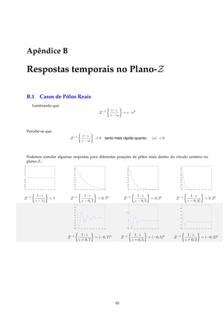 Apêndice B
Respostas temporais no Plano-Z
B.1 Casos de Pólos Reais
Lembrando que:
Z−1 c · z
z − α
= c · αk
Percebe-se que:
Z−1 c · z
z − α
→ 0 tanto mais rápido quanto: |α| → 0
Podemos simular algumas respostas para diferentes posições de pólos reais dentro do círculo unitário no
plano-Z.:
Z−1 1 · z
z − 1)
= 1 Z−1 1 · z
z − 0, 7
= 0, 7k
Z−1 1 · z
z − 0, 5
= 0, 5k
Z−1 1 · z
z − 0, 2)
= 0, 2k
Z−1 1 · z
z + 0, 7
= (−0, 7)k
Z−1 1 · z
z + 0, 5
= (−0, 5)k
Z−1 1 · z
z + 0, 2
= (−0, 2)k
95
 
