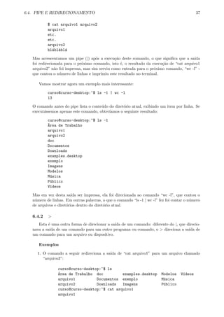 6.4. PIPE E REDIRECIONAMENTO 37
$ cat arquivo1 arquivo2
arquivo1
etc.
etc.
arquivo2
bl´abl´abl´a
Mas acrescentamos um pipe (|) ap´os a execu¸c˜ao deste comando, o que signiﬁca que a sa´ıda
foi redirecionada para o pr´oximo comando, isto ´e, o resultado da execu¸c˜ao de “cat arquivo1
arquivo2” n˜ao foi impressa, mas sim serviu como entrada para o pr´oximo comando, “wc -l” -
que contou o n´umero de linhas e imprimiu este resultado no terminal.
Vamos mostrar agora um exemplo mais interessante:
curso@curso-desktop:~$ ls -1 | wc -l
13
O comando antes do pipe lista o conte´udo do diret´orio atual, exibindo um item por linha. Se
execut´assemos apenas este comando, obter´ıamos o seguinte resultado:
curso@curso-desktop:~$ ls -1
´Area de Trabalho
arquivo1
arquivo2
doc
Documentos
Downloads
examples.desktop
exemplo
Imagens
Modelos
M´usica
P´ublico
V´ıdeos
Mas em vez desta sa´ıda ser impressa, ela foi direcionada ao comando “wc -l”, que contou o
n´umero de linhas. Em outras palavras, o que o comando “ls -1 | wc -l” fez foi contar o n´umero
de arquivos e diret´orios dentro do diret´orio atual.
6.4.2 >
Esta ´e uma outra forma de direcionar a sa´ıda de um comando: diferente do |, que direcio-
nava a sa´ıda de um comando para um outro programa ou comando, o > direciona a sa´ıda de
um comando para um arquivo ou dispositivo.
Exemplos
1. O comando a seguir redireciona a sa´ıda de “cat arquivo1” para um arquivo chamado
“arquivo3”:
curso@curso-desktop:~$ ls
´Area de Trabalho doc examples.desktop Modelos V´ıdeos
arquivo1 Documentos exemplo M´usica
arquivo2 Downloads Imagens P´ublico
curso@curso-desktop:~$ cat arquivo1
arquivo1
 