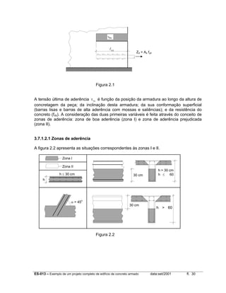 ES-013 – Exemplo de um projeto completo de edifício de concreto armado data:set/2001 fl. 30
Figura 2.1
A tensão última de aderência τbu é função da posição da armadura ao longo da altura de
concretagem da peça; da inclinação desta armadura; da sua conformação superficial
(barras lisas e barras de alta aderência com mossas e saliências); e da resistência do
concreto (fck). A consideração das duas primeiras variáveis é feita através do conceito de
zonas de aderência: zona de boa aderência (zona I) e zona de aderência prejudicada
(zona II).
3.7.1.2.1 Zonas de aderência
A figura 2.2 apresenta as situações correspondentes às zonas I e II.
Figura 2.2
α > 45o
h ≤ 30 cm
h
30 cm
h > 30 cm
h ≤ 6030 cm
h > 60
Zona I
Zona II
lb1
Zd = As fyd
τbu
 