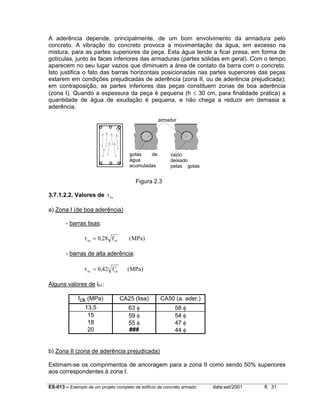 ES-013 – Exemplo de um projeto completo de edifício de concreto armado data:set/2001 fl. 31
A aderência depende, principalmente, de um bom envolvimento da armadura pelo
concreto. A vibração do concreto provoca a movimentação da água, em excesso na
mistura, para as partes superiores da peça. Esta água tende a ficar presa, em forma de
gotículas, junto às faces inferiores das armaduras (partes sólidas em geral). Com o tempo
aparecem no seu lugar vazios que diminuem a área de contato da barra com o concreto.
Isto justifica o fato das barras horizontais posicionadas nas partes superiores das peças
estarem em condições prejudicadas de aderência (zona II, ou de aderência prejudicada);
em contraposição, as partes inferiores das peças constituem zonas de boa aderência
(zona I). Quando a espessura da peça é pequena (h ≤ 30 cm, para finalidade prática) a
quantidade de água de exudação é pequena, e não chega a reduzir em demasia a
aderência.
Figura 2.3
3.7.1.2.2. Valores de τbu
a) Zona I (de boa aderência)
- barras lisas:
τbu cd
f MPa= 0 28, ( )
- barras de alta aderência:
τbu cd
f MPa= 0 42 23
, ( )
Alguns valores de lb1:
fck (MPa) CA25 (lisa) CA50 (a. ader.)
13,5 63 φ 58 φ
15 59 φ 54 φ
18 55 φ 47 φ
20 ### 44 φ
b) Zona II (zona de aderência prejudicada)
Estimam-se os comprimentos de ancoragem para a zona II como sendo 50% superiores
aos correspondentes à zona I.
armadur
gotas de
água
acumuladas
vazio
deixado
pelas gotas
d á
 