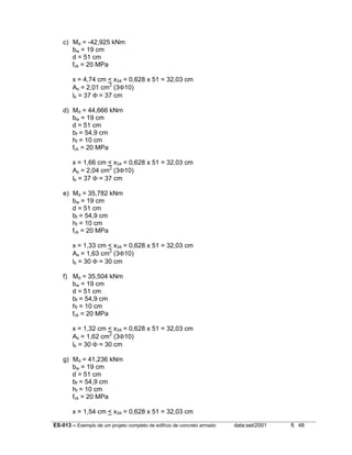 ES-013 – Exemplo de um projeto completo de edifício de concreto armado data:set/2001 fl. 48
c) Md = -42,925 kNm
bw = 19 cm
d = 51 cm
fck = 20 MPa
x = 4,74 cm < x34 = 0,628 x 51 = 32,03 cm
As = 2,01 cm2
(3Φ10)
lb = 37 Φ = 37 cm
d) Md = 44,666 kNm
bw = 19 cm
d = 51 cm
bf = 54,9 cm
hf = 10 cm
fck = 20 MPa
x = 1,66 cm < x34 = 0,628 x 51 = 32,03 cm
As = 2,04 cm2
(3Φ10)
lb = 37 Φ = 37 cm
e) Md = 35,782 kNm
bw = 19 cm
d = 51 cm
bf = 54,9 cm
hf = 10 cm
fck = 20 MPa
x = 1,33 cm < x34 = 0,628 x 51 = 32,03 cm
As = 1,63 cm2
(3Φ10)
lb = 30 Φ = 30 cm
f) Md = 35,504 kNm
bw = 19 cm
d = 51 cm
bf = 54,9 cm
hf = 10 cm
fck = 20 MPa
x = 1,32 cm < x34 = 0,628 x 51 = 32,03 cm
As = 1,62 cm2
(3Φ10)
lb = 30 Φ = 30 cm
g) Md = 41,236 kNm
bw = 19 cm
d = 51 cm
bf = 54,9 cm
hf = 10 cm
fck = 20 MPa
x = 1,54 cm < x34 = 0,628 x 51 = 32,03 cm
 