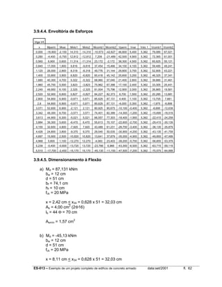 ES-013 – Exemplo de um projeto completo de edifício de concreto armado data:set/2001 fl. 62
3.9.4.4. Envoltória de Esforços
Viga V4
x Mperm Mvar Mvto1 Mvto2 Mcomb1 Mcomb2 Vperm Vvar Vvto 1 Vcomb1 Vcomb2
0,000 -16,900 -2,100 14,310 -14,310 -10,573 -42,627 46,800 5,400 5,362 79,085 67,021
0,280 -4,400 -0,700 12,812 -12,812 7,209 -21,489 42,500 4,900 5,362 72,365 61,001
0,560 6,900 0,600 11,314 -11,314 23,172 -2,172 38,300 4,500 5,362 65,925 55,121
0,840 17,000 1,900 9,816 -9,816 37,454 15,466 34,100 4,100 5,362 59,485 49,241
1,120 26,000 2,900 8,318 -8,318 49,776 31,144 29,800 3,700 5,362 52,905 43,221
1,400 33,800 3,900 6,820 -6,820 60,418 45,142 25,600 3,200 5,362 46,325 37,341
1,680 40,300 4,700 5,322 -5,322 68,960 57,040 21,400 2,800 5,362 39,885 31,461
1,960 45,700 5,500 3,823 -3,823 75,962 67,398 17,100 2,400 5,362 33,305 25,441
2,240 49,900 6,100 2,325 -2,325 81,004 75,796 12,900 2,000 5,362 26,865 19,561
2,520 52,900 6,600 0,827 -0,827 84,227 82,373 8,700 1,500 5,362 20,285 13,681
2,800 54,800 6,900 -0,671 0,671 85,629 87,131 4,400 1,100 5,362 13,705 7,661
2,8 54,800 6,900 -0,671 0,671 85,629 87,131 -6,000 0,300 5,362 -1,975 -6,899
3,071 52,600 6,900 -2,121 2,121 80,925 85,675 -10,100 -0,400 5,362 -8,695 -12,639
3,342 49,300 6,700 -3,571 3,571 74,401 82,399 -14,300 -1,200 5,362 -15,695 -18,519
3,613 44,900 6,300 -5,021 5,021 66,057 77,303 -18,400 -1,900 5,362 -22,415 -24,259
3,884 39,300 5,600 -6,470 6,470 55,613 70,107 -22,600 -2,700 5,362 -29,415 -30,139
4,155 32,600 4,800 -7,920 7,920 43,489 61,231 -26,700 -3,400 5,362 -36,135 -35,879
4,426 24,800 3,800 -9,370 9,370 29,545 50,535 -30,900 -4,200 5,362 -43,135 -41,759
4,697 15,900 2,500 -10,820 10,820 13,641 37,879 -35,000 -4,900 5,362 -49,855 -47,499
4,968 5,800 1,100 -12,270 12,270 -4,083 23,403 -39,200 -5,700 5,362 -56,855 -53,379
5,239 -5,400 -0,600 -13,720 13,720 -23,766 6,966 -43,300 -6,500 5,362 -63,715 -59,119
5,510 -17,700 -2,400 -15,170 15,170 -45,130 -11,150 -47,500 -7,200 5,362 -70,575 -64,999
3.9.4.5. Dimensionamento à Flexão
a) Md = 87,131 kNm
bw = 12 cm
d = 51 cm
bf = 74,1 cm
hf = 10 cm
fck = 20 MPa
x = 2,42 cm < x34 = 0,628 x 51 = 32,03 cm
As = 4,00 cm2
(2Φ16)
lb = 44 Φ = 70 cm
Asmín = 1,57 cm2
b) Md = -45,13 kNm
bw = 12 cm
d = 51 cm
fck = 20 MPa
x = 8,11 cm < x34 = 0,628 x 51 = 32,03 cm
 