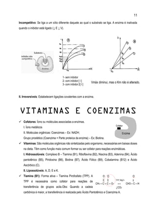 11
Incompetitivo: Se liga a um sítio diferente daquele ao qual o substrato se liga. A enzima é inativada
quando o inibidor está ligado (↓ E ↓ V).
II. Irreversíveis: Estabelecem ligações covalentes com a enzima.
VITAMINAS E COENZIMAS
 Cofatores: Íons ou moléculas associadas a enzimas.
I. Íons metálicos
II. Moléculas orgânicas: Coenzimas – Ex: NADH;
Grupo prostético (Coenzima + Parte proteica da enzima) – Ex: Biotina.
 Vitaminas: São moléculas orgânicas não sintetizadas pelo organismo, necessárias em baixas doses
na dieta. Têm como função mais comum formar ou ser cofator para reações enzimáticas.
I. Hidrossolúveis: Complexo B – Tiamina (B1), Riboflavina (B2), Niacina (B3), Adenina (B4), Ácido
pantotênico (B5), Piridoxina (B6), Biotina (B7), Ácido Fólico (B9), Cobalamina (B12) e Ácido
Ascórbico (C).
II. Lipossolúveis: A, D, E e K.
 Tiamina (B1): Forma ativa – Tiamina Pirofosfato (TPP). A
TPP é necessária como cofator para reações de
transferência de grupos acila.Obs: Quando a cadeia
carbônica é maior, a transferência é realizada pelo Ácido Pantotênico e Coenzima A.
 