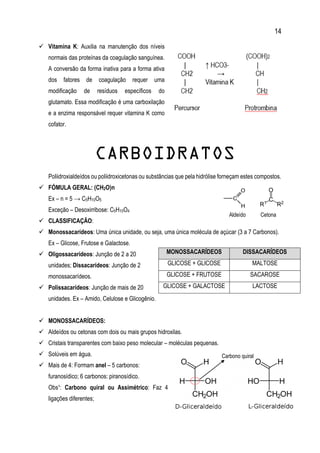 14
 Vitamina K: Auxilia na manutenção dos níveis
normais das proteínas da coagulação sanguínea.
A conversão da forma inativa para a forma ativa
dos fatores de coagulação requer uma
modificação de resíduos específicos do
glutamato. Essa modificação é uma carboxilação
e a enzima responsável requer vitamina K como
cofator.
CARBOIDRATOS
Poliidroxialdeídos ou poliidroxicetonas ou substâncias que pela hidrólise forneçam estes compostos.
 FÓMULA GERAL: (CH2O)n
Ex – n = 5 → C5H10O5
Exceção – Desoxirribose: C5H10O4
 CLASSIFICAÇÃO:
 Monossacarídeos: Uma única unidade, ou seja, uma única molécula de açúcar (3 a 7 Carbonos).
Ex – Glicose, Frutose e Galactose.
 Oligossacarídeos: Junção de 2 a 20
unidades; Dissacarídeos: Junção de 2
monossacarídeos.
 Polissacarídeos: Junção de mais de 20
unidades. Ex – Amido, Celulose e Glicogênio.
 MONOSSACARÍDEOS:
 Aldeídos ou cetonas com dois ou mais grupos hidroxilas.
 Cristais transparentes com baixo peso molecular – moléculas pequenas.
 Solúveis em água.
 Mais de 4: Formam anel – 5 carbonos:
furanosídico; 6 carbonos: piranosídico.
Obs¹: Carbono quiral ou Assimétrico: Faz 4
ligações diferentes;
MONOSSACARÍDEOS DISSACARÍDEOS
GLICOSE + GLICOSE MALTOSE
GLICOSE + FRUTOSE SACAROSE
GLICOSE + GALACTOSE LACTOSE
Carbono quiral
Aldeído Cetona
 
