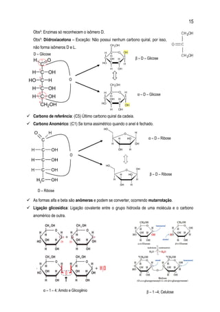 15
Obs²: Enzimas só reconhecem o isômero D.
Obs³: Diidroxiacetona – Exceção: Não possui nenhum carbono quiral, por isso,
não forma isômeros D e L.
 Carbono de referência: (C5) Último carbono quiral da cadeia.
 Carbono Anomérico: (C1) Se torna assimétrico quando o anel é fechado.
 As formas alfa e beta são anômeras e podem se converter, ocorrendo mutarrotação.
 Ligação glicosídica: Ligação covalente entre o grupo hidroxila de uma molécula e o carbono
anomérico de outra.
O
β – D – Glicose
α – D – Glicose
O
α – D – Ribose
β – D – Ribose
D – Ribose
D – Glicose
α – 1 – 4; Amido e Glicogênio β – 1 –4; Celulose
 