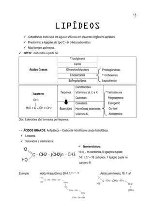 18
LIPÍDEOS
 Substâncias insolúveis em água e solúveis em solventes orgânicos apolares.
 Predomínio e ligações do tipo C – H (Hidrocarbonetos).
 Não formam polímeros.
 TIPOS: Produzidos a partir de:
Ácidos Graxos
Triacilglicerol
Prostaglandinas
Tromboxanas
Leucotrienos
Ceras
Glicerofosfolipídeos
Eicosanoides
Esfingolipídeos
Obs: Esteroides são formados por terpenos.
 ÁCIDOS GRAXOS: Anfipáticos – Carboxila hidrofílica e cauda hidrofóbica.
 Lineares.
 Saturados e insaturados.
 Nomenclatura:
16: 0 – 16 carbonos, 0 ligações duplas;
16: 1 ∆9 – 16 carbonos, 1 ligação dupla no
carbono 9.
Exemplo: Ácido Araquidônico 20:4 ∆5, 8, 11, 14 Ácido palmitoleico 16: 1 ∆9
Isopreno Terpenos
Carotenoides.
Vitaminas: A, E e K.
Quinonas.
Testosterona
Progesterona
Estrogênio
Cortisol
Aldosterona
Esteroides
Colesterol.
Hormônios esteroides
Vitamina D.
 