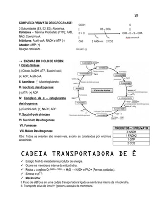 28
COMPLEXO PIRUVATO DESIGROGENASE:
3 Subunidades (E1, E2, E3); Alostérica.
Cofatores – Tiamina Pirofosfato (TPP); FAD,
NAD, Coenzima A.
Inibidores: Acetil-coA, NADH e ATP (-)
Atvador: AMP (+)
Reação catalisada
 ENZIMAS DO CICLO DE KREBS:
I. Citrato Sintase:
(-) Citrato, NADH, ATP, Succinil-coA;
(+) ADP, Acetil-coA.
II. Aconitase: (-) Alfacetoglutarato;
III. Isocitrato desidrogenase:
(-) ATP; (+) ADP
IV. Complexo da α – cetoglutarato
desidrogenase:
(-) Succinil-coA; (+) NADH, ADP
V. Succinil-coA sintetase
VI. Succinato Desidrogenase
VII. Fumarase
VIII. Malato Desidrogenase
Obs: Todas as reações são reversíveis, exceto as catalisadas por enzimas
alostéricas.
CADEIA TRANSPORTADORA DE È
 Estágio final do metabolismo produtor de energia.
 Ocorre na membrana interna da mitocôndria.
 Reduz o oxigênio O2 NADH e FADH → H2O → NAD+ e FAD+ (Formas oxidadas).
 Síntese e ATP.
 Mecanismo:
I. Fluxo de elétrons em uma cadeia transportadora ligada a membrana interna da mitocôndria.
II. Transporte ativo de íons H+ (prótons) através da membrana.
PRODUTOS – 1 PIRUVATO
3 NADH
1 FADH2
1 GTP
2 CO2
 