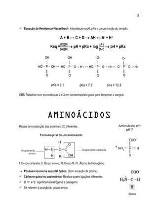 5
 Equação de Henderson-Hasselbach: Interrelaciona pH, pKa e concentração do tampão.
A + B ↔ C + D  AH ↔ A- + H+
Keq =
[C][D]
[A][B]
 pH = pKa + log
[A-]
[AH]
 pH = pKa
OBS:Trabalhar com as moléculas 2 e 3 em concentrações iguais para tamponar o sangue.
AMINOÁCIDOS
Blocos de construção das proteínas; 20 diferentes.
I. Grupo carboxila; II. Grupo amino; III. Grupo R; IV. Átomo de Hidrogênio.
 Possuem isomeria espacial óptica: (Com exceção da glicina).
 Carbono quiral ou assimétrico: Realiza quatro ligações diferentes.
 O “D” e “L” significam Dextrógeno e Levógeno.
 Se referem à posição do grupo amina.
F
licinaic
ina
I
I
I
II
V
Glicina
Aminoácido em
 