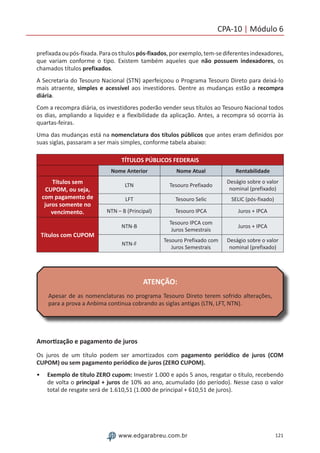 121www.edgarabreu.com.br
CPA-10 | Módulo 6
prefixadaoupós-fixada.Paraostítulospós-fixados,porexemplo,tem-sediferentesindexadores,
que variam conforme o tipo. Existem também aqueles que não possuem indexadores, os
chamados títulos prefixados.
A Secretaria do Tesouro Nacional (STN) aperfeiçoou o Programa Tesouro Direto para deixá-lo
mais atraente, simples e acessível aos investidores. Dentre as mudanças estão a recompra
diária.
Com a recompra diária, os investidores poderão vender seus títulos ao Tesouro Nacional todos
os dias, ampliando a liquidez e a flexibilidade da aplicação. Antes, a recompra só ocorria às
quartas-feiras.
Uma das mudanças está na nomenclatura dos títulos públicos que antes eram definidos por
suas siglas, passaram a ser mais simples, conforme tabela abaixo:
TÍTULOS PÚBLICOS FEDERAIS
Nome Anterior Nome Atual Rentabilidade
Títulos sem
CUPOM, ou seja,
com pagamento de
juros somente no
vencimento.
LTN Tesouro Prefixado
Deságio sobre o valor
nominal (prefixado)
LFT Tesouro Selic SELIC (pós-fixado)
NTN – B (Principal) Tesouro IPCA Juros + IPCA
Títulos com CUPOM
NTN-B
Tesouro IPCA com
Juros Semestrais
Juros + IPCA
NTN-F
Tesouro Prefixado com
Juros Semestrais
Deságio sobre o valor
nominal (prefixado)
ATENÇÃO:
Apesar de as nomenclaturas no programa Tesouro Direto terem sofrido alterações,
para a prova a Anbima continua cobrando as siglas antigas (LTN, LFT, NTN).
Amortização e pagamento de juros
Os juros de um título podem ser amortizados com pagamento periódico de juros (COM
CUPOM) ou sem pagamento periódico de juros (ZERO CUPOM).
•• Exemplo de título ZERO cupom: Investir 1.000 e após 5 anos, resgatar o título, recebendo
de volta o principal + juros de 10% ao ano, acumulado (do período). Nesse caso o valor
total de resgate será de 1.610,51 (1.000 de principal + 610,51 de juros).
 