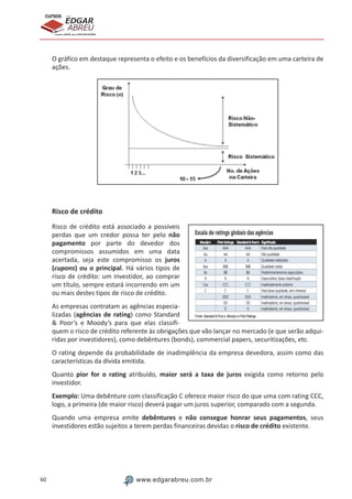60 www.edgarabreu.com.br
EDGAR
ABREU
prof.cursos
prepara você para CERTIFICAÇÕES
O gráfico em destaque representa o efeito e os benefícios da diversificação em uma carteira de
ações.
Risco de crédito
Risco de crédito está associado a possíveis
perdas que um credor possa ter pelo não
pagamento por parte do devedor dos
compromissos assumidos em uma data
acertada, seja este compromisso os juros
(cupons) ou o principal. Há vários tipos de
risco de crédito: um investidor, ao comprar
um título, sempre estará incorrendo em um
ou mais destes tipos de risco de crédito.
As empresas contratam as agências especia-
lizadas (agências de rating) como Standard
 Poor’s e Moody’s para que elas classifi-
quem o risco de crédito referente às obrigações que vão lançar no mercado (e que serão adqui-
ridas por investidores), como debêntures (bonds), commercial papers, securitizações, etc.
O rating depende da probabilidade de inadimplência da empresa devedora, assim como das
características da dívida emitida.
Quanto pior for o rating atribuído, maior será a taxa de juros exigida como retorno pelo
investidor.
Exemplo: Uma debênture com classificação C oferece maior risco do que uma com rating CCC,
logo, a primeira (de maior risco) deverá pagar um juros superior, comparado com a segunda.
Quando uma empresa emite debêntures e não consegue honrar seus pagamentos, seus
investidores estão sujeitos a terem perdas financeiras devidas o risco de crédito existente.
 