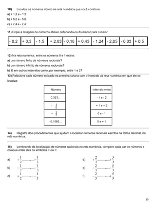 10)     Localize os números abaixo na reta numérica que você construiu:
a) + 1,2 e - 1,2
b) + 5,6 e - 5,6
c) + 7,4 e - 7,4

11) Copie a listagem de números abaixo ordenando-os do menor para o maior:




12) Na reta numérica, entre os números 0 e 1 existe:
a) um número finito de números racionais?
b) um número infinito de números racionais?
b) E em outros intervalos como, por exemplo, entre 1 e 2?
13) Relacione cada número indicado na primeira coluna com o intervalo da reta numérica em que ele se
localiza:




14)    Registre dois procedimentos que ajudam a localizar números racionais escritos na forma decimal, na
reta numérica.


15)   Lembrando da localização de números racionais na reta numérica, compare cada par de números e
coloque entre eles os símbolos > ou <:

            1                  1                                  2                  5
a)            ..........
                      .....                                 d)      ..........
                                                                             .....
            2                  3                                  3                  3
            1                  1                                  2                  5
b)            ..........
                       .....                                e)      ..........
                                                                            .....
            2                  3                                  3                  3
            1                  1                                  2                  5
c)            ..........
                      .....                                 f)      ..........
                                                                            .....
            2                  3                                  3                  3




                                                                                                            15
 