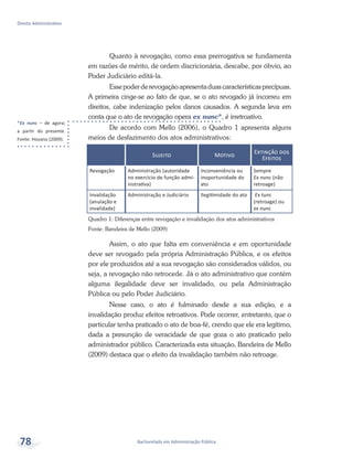 *Ex nunc – de agora;
a partir do presente.
Fonte: Houaiss (2009).
Bacharelado em Administração Pública
Direito Administrativo
78
Quanto à revogação, como essa prerrogativa se fundamenta
em razões de mérito, de ordem discricionária, descabe, por óbvio, ao
Poder Judiciário editá-la.
Essepoderderevogaçãoapresentaduascaracterísticasprecípuas.
A primeira cinge-se ao fato de que, se o ato revogado já incorreu em
direitos, cabe indenização pelos danos causados. A segunda leva em
conta que o ato de revogação opera ex nunc*, é irretroativo.
De acordo com Mello (2006), o Quadro 1 apresenta alguns
meios de desfazimento dos atos administrativos:
Sujeito Motivo
Extinção dos
Efeitos
Revogação Administração (autoridade
no exercício de função admi-
nistrativa)
Inconveniência ou
inoportunidade do
ato
Sempre
Ex nunc (não
retroage)
Invalidação
(anulação e
invalidade)
Administração e Judiciário Ilegitimidade do ato Ex tunc
(retroage) ou
ex nunc
Quadro 1: Diferenças entre revogação e invalidação dos atos administrativos
Fonte: Bandeira de Mello (2009)
Assim, o ato que falta em conveniência e em oportunidade
deve ser revogado pela própria Administração Pública, e os efeitos
por ele produzidos até a sua revogação são considerados válidos, ou
seja, a revogação não retrocede. Já o ato administrativo que contém
alguma ilegalidade deve ser invalidado, ou pela Administração
Pública ou pelo Poder Judiciário.
Nesse caso, o ato é fulminado desde a sua edição, e a
invalidação produz efeitos retroativos. Pode ocorrer, entretanto, que o
particular tenha praticado o ato de boa-fé, crendo que ele era legítimo,
dada a presunção de veracidade de que goza o ato praticado pelo
administrador público. Caracterizada esta situação, Bandeira de Mello
(2009) destaca que o efeito da invalidação também não retroage.
 