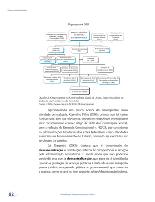 Controladorias-Regionais
da União nos Estados
MINISTRO DE ESTADO
DO CONTROLE
E DA TRANSPARÊNCIA
Gabinete
(GMCGU)
Secretaria-Executiva
(SE)
Assessoria Jurídica
(ASJUR)
Assessoria de
Comunicação Social
(ASCOM)
Assessoria para
Assuntos Internacionais
(AINT)
Gabinete
(SE / GAB)
Diretoria de Sistemas
e Informação (DSI)
Diretoria de
Gestão Interna (DGI)
Diretoria de
Desenvolvimento
Institucional (DEIN)
Ouvidoria-Geral
da União (OGU)
Secretaria de Prevenção da
Corrupção e Informações
Estratégicas (SPCI)
Secretaria Federal de
Controle Interno
(SFC)
Corregedoria-Geral
da União (CRG)
Conselho de Transparência
Pública e Combate
à Corrupção (CTPCC)
Comissão de
Coordenação de
Controle Interno
(CCCI)
Comissão de
Coordenação de
Correição
(CCC)
Organograma CGU
Bacharelado em Administração Pública
Direito Administrativo
92
Quadro 2: Organograma da Controladoria-Geral da União, órgão vinculado ao
Gabinete da Presidência da República
Fonte: <http://www.cgu.gov.br/CGU/Organograma>
Aprofundando um pouco acerca do desempenho dessa
atividade centralizada, Carvalho Filho (2006) orienta que há certas
funções que, por sua relevância, encontram disposição específica no
texto constitucional, como o artigo 37, XXII, da Constituição Federal,
com a redação da Emenda Constitucional n. 42/03, que considerou
as administrações tributárias dos entes federativos como atividades
essenciais ao funcionamento do Estado, devendo ser exercidas por
servidores de carreira.
Já Gasparini (2005) destaca que é denominado de
desconcentração a distribuição interna de competências e serviços
pela administração centralizada. E alerta ainda que não podemos
confundir esta com a descentralização, que para ele é identificada
quando a prestação de serviços públicos é atribuída a uma interposta
pessoa jurídica, esta privada, pública ou governamental, que o executa
e explora, como se verá no item seguinte, sobre Administração Indireta.
 