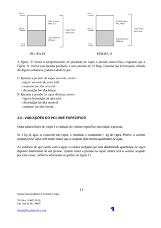 Spirax Sarco Indústria e Comercio Ltda.
Tel.: 0xx 11 4615 90 00
Fax : 0xx 11 4615 90 07
steam@br.spiraxsarco.com 1
13
Calor Latente
481,8 kcal
Calor Sensível
180kcal
Calor Latente
539,4 kcal
Calor Sensível
100 kcal
100 °C
100 °C
0 °C
184 °C
184 °C
0 °C
Calor Total
639,4 kcal
Calor Total
661,8 kcal
FIGURA 10 FIGURA 11
A figura 10 mostra o comportamento da produção de vapor à pressão atmosférica, enquanto que a
Figura 11 mostra essa mesma produção a uma pressão de 10 barg. Baseado nas informações obtidas
das figuras anteriores, podemos deduzir que:
I) Quando a pressão do vapor aumenta, ocorre:
- ligeiro aumento do calor total
- aumento do calor sensível
- diminuição do calor latente
II) Quando a pressão do vapor diminui, ocorre:
- ligeira diminuição do calor total
- diminuição do calor sensível
- aumento do calor latente.
3.2 - VARIAÇÕES DO VOLUME ESPECÍFICO
Outra característica do vapor é a variação do volume específico em relação à pressão.
Se 1 kg de água se converter em vapor, o resultado é exatamente 1 kg de vapor. Porém, o volume
ocupado pelo vapor será muito maior que o ocupado pela mesma quantidade de água.
Ao contrário do que ocorre com a água, o volume ocupado por uma determinada quantidade de vapor
depende diretamente de sua pressão. Quanto maior a pressão do vapor, menor será o volume ocupado
por esta massa, conforme observado no gráfico da figura 12.
 
