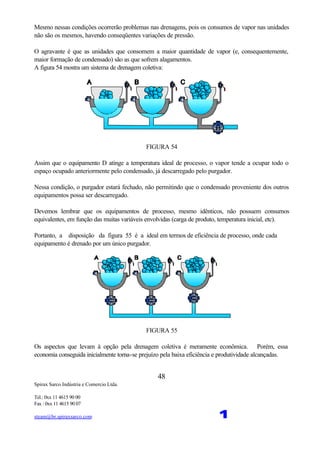 Spirax Sarco Indústria e Comercio Ltda.
Tel.: 0xx 11 4615 90 00
Fax : 0xx 11 4615 90 07
steam@br.spiraxsarco.com 1
48
Mesmo nessas condições ocorrerão problemas nas drenagens, pois os consumos de vapor nas unidades
não são os mesmos, havendo conseqüentes variações de pressão.
O agravante é que as unidades que consomem a maior quantidade de vapor (e, consequentemente,
maior formação de condensado) são as que sofrem alagamentos.
A figura 54 mostra um sistema de drenagem coletiva:
FIGURA 54
Assim que o equipamento D atinge a temperatura ideal de processo, o vapor tende a ocupar todo o
espaço ocupado anteriormente pelo condensado, já descarregado pelo purgador.
Nessa condição, o purgador estará fechado, não permitindo que o condensado proveniente dos outros
equipamentos possa ser descarregado.
Devemos lembrar que os equipamentos de processo, mesmo idênticos, não possuem consumos
equivalentes, em função das muitas variáveis envolvidas (carga de produto, temperatura inicial, etc).
Portanto, a disposição da figura 55 é a ideal em termos de eficiência de processo, onde cada
equipamento é drenado por um único purgador.
FIGURA 55
Os aspectos que levam à opção pela drenagem coletiva é meramente econômica. Porém, essa
economia conseguida inicialmente torna-se prejuízo pela baixa eficiência e produtividade alcançadas.
 