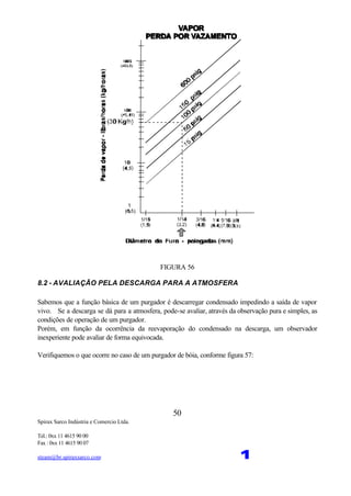 Spirax Sarco Indústria e Comercio Ltda.
Tel.: 0xx 11 4615 90 00
Fax : 0xx 11 4615 90 07
steam@br.spiraxsarco.com 1
50
FIGURA 56
8.2 - AVALIAÇÃO PELA DESCARGA PARA A ATMOSFERA
Sabemos que a função básica de um purgador é descarregar condensado impedindo a saída de vapor
vivo. Se a descarga se dá para a atmosfera, pode-se avaliar, através da observação pura e simples, as
condições de operação de um purgador.
Porém, em função da ocorrência da reevaporação do condensado na descarga, um observador
inexperiente pode avaliar de forma equivocada.
Verifiquemos o que ocorre no caso de um purgador de bóia, conforme figura 57:
 