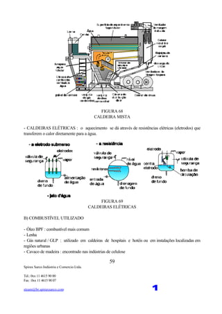 Spirax Sarco Indústria e Comercio Ltda.
Tel.: 0xx 11 4615 90 00
Fax : 0xx 11 4615 90 07
steam@br.spiraxsarco.com 1
59
FIGURA 68
CALDEIRA MISTA
- CALDEIRAS ELÉTRICAS : o aquecimento se dá através de resistências elétricas (eletrodos) que
transferem o calor diretamente para a água.
FIGURA 69
CALDEIRAS ELÉTRICAS
B) COMBUSTÍVEL UTILIZADO
- Óleo BPF : combustível mais comum
- Lenha
- Gás natural / GLP : utilizado em caldeiras de hospitais e hotéis ou em instalações localizadas em
regiões urbanas
- Cavaco de madeira : encontrado nas indústrias de celulose
 
