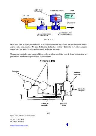Spirax Sarco Indústria e Comercio Ltda.
Tel.: 0xx 11 4615 90 00
Fax : 0xx 11 4615 90 07
steam@br.spiraxsarco.com 1
65
FIGURA 75
De acordo com a legislação ambiental, os efluentes industriais não devem ser descarregados para o
esgoto a altas temperaturas. No caso da descarga de fundo, o correto é direcionar os resíduos para um
tanque, para que sofra o resfriamento antes de ser jogado no esgoto.
No caso de instalação com várias caldeiras, pode-se utilizar um único vaso de descarga, que deve ser
previamente dimensionado para atender a demanda total.
 