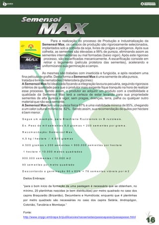 MAXMAXMAXMAX
SemensolSemensolSemensol
Para a realização do processo de Produção e Industrialização da
Semensol Max, os campos de produção são rigorosamente selecionados,
implantados sob a colheita da soja, livres de pragas e patógenos. Após sua
colheita, as sementes são elevadas a 98% de pureza, eliminando assim as
sementes intermediárias ou mal formadas (baixo vigor). Após este rigoroso
processo, são escarificadas mecanicamente. A escarificação consiste em
retirar o tegumento (película protetora das sementes), acelerando e
uniformizando sua germinação a campo.
As mesmas são tratadas com inseticida e fungicida, e após recebem uma
fina película de grafite. Desta forma a Semensol Max é uma semente de alta pureza,
tratada e livre de nematoides (Heterodera glycines).
ASemensol Max foi idealizada focando a integração lavoura-pecuária, seguindo rigorosos
critérios de qualidade para que o produtor mais exigente fique tranquilo na hora de realizar
esse processo. Sendo assim, o produtor ao adquirir um produto com a credibilidade e
qualidade da Semensol Max terá a certeza de estar levando para sua propriedade
sementes de alta pureza e vigor, sem pragas, doenças, terra, palha ou qualquer outro
material que não seja semente.
A Semensol Max tem uma pureza física 97% e uma viabilidade mínima de 85%, chegando
a um valor cultural mínimo de 82%. Sendo assim, sua recomendação de quilos por hectare
é bem menor.
S e g u e u m e x e m p lo , p a r a B r a c h ia r ia R u z iz ie n s is c v B . r u z iz ie s is .
E x . P e s o d e m il s e m e n te s 5 , 0 g r a m a s = 2 0 0 s e m e n te s p o r g ra m a .
R e c o m e n d a ç ã o : S e m e n s o l M a x
4 , 5 k g / h e c ta r e / 4 .5 0 0 g r a m a s
4 . 5 0 0 g r a m a s x 2 0 0 s e m e n t e s = 9 0 0 .0 0 0 s e m e n t e s p o r h e c t a re
1 h e c ta r e = 1 0 .0 0 0 m e t r o s q u a d ra d o s
9 0 0 . 0 0 0 s e m e n te s / 1 0 .0 0 0 m 2
9 0 s e m e n te s p o r m e t r o q u a d r a d o
D e s c o n t a n d o a g e r m in a ç ã o 9 0 x 8 5 % = 7 6 s e m e n t e s v iá v e is p o r m 2
umatraSementes de Pastagem
16
Dados Embrapa:
“para o bom início da formação de uma pastagem é necessário que se obtenham, no
mínimo, 20 plantinhas nascidas (e bem distribuídas) por metro quadrado no caso dos
capins Braquiarão (Brizantão), Decumbens e Humidícola; enquanto que 4 plantinhas
por metro quadrado são necessárias no caso dos capins Setária, Andropógon,
Colonião, Tanzânia e Mombaça.”
Fonte:
http://www.cnpgc.embrapa.br/publicacoes/naoseriadas/passoapasso/passapasso.html
Parceria
MAXMAXMAXMAX
SemensolSemensolSemensol
 