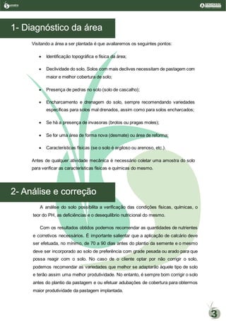 1- Diagnóstico da área
Visitando a área a ser plantada é que avaliaremos os seguintes pontos:
· Identificação topográfica e física da área;
· Declividade do solo. Solos com mais declives necessitam de pastagem com
maior e melhor cobertura de solo;
· Presença de pedras no solo (solo de cascalho);
· Encharcamento e drenagem do solo, sempre recomendando variedades
específicas para solos mal drenados, assim como para solos encharcados;
· Se há a presença de invasoras (brotos ou pragas moles);
· Se for uma área de forma nova (desmate) ou área de reforma;
· Características físicas (se o solo é argiloso ou arenoso, etc.).
Antes de qualquer atividade mecânica é necessário coletar uma amostra do solo
para verificar as características físicas e químicas do mesmo.
1- Análise do solo e correção
A análise do solo possibilita a verificação das condições físicas, químicas, o
teor do PH, as deficiências e o desequilíbrio nutricional do mesmo.
Com os resultados obtidos podemos recomendar as quantidades de nutrientes
e corretivos necessários. É importante salientar que a aplicação de calcário deve
ser efetuada, no mínimo, de 70 a 90 dias antes do plantio da semente e o mesmo
deve ser incorporado ao solo de preferência com grade pesada ou arado para que
possa reagir com o solo. No caso de o cliente optar por não corrigir o solo,
podemos recomendar as variedades que melhor se adaptarão àquele tipo de solo
e terão assim uma melhor produtividade. No entanto, é sempre bom corrigir o solo
antes do plantio da pastagem e ou efetuar adubações de cobertura para obtermos
maior produtividade da pastagem implantada.
umatraSementes de Pastagem
3
1- Diagnóstico da área
2- Análise e correção
 