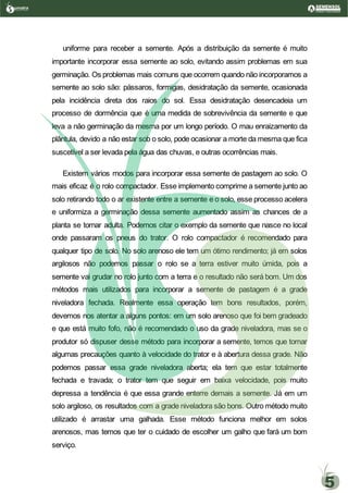 uniforme para receber a semente. Após a distribuição da semente é muito
importante incorporar essa semente ao solo, evitando assim problemas em sua
germinação. Os problemas mais comuns que ocorrem quando não incorporamos a
semente ao solo são: pássaros, formigas, desidratação da semente, ocasionada
pela incidência direta dos raios do sol. Essa desidratação desencadeia um
processo de dormência que é uma medida de sobrevivência da semente e que
leva a não germinação da mesma por um longo período. O mau enraizamento da
plântula, devido a não estar sob o solo, pode ocasionar a morte da mesma que fica
suscetível a ser levada pela água das chuvas, e outras ocorrências mais.
Existem vários modos para incorporar essa semente de pastagem ao solo. O
mais eficaz é o rolo compactador. Esse implemento comprime a semente junto ao
solo retirando todo o ar existente entre a semente e o solo, esse processo acelera
e uniformiza a germinação dessa semente aumentado assim as chances de a
planta se tornar adulta. Podemos citar o exemplo da semente que nasce no local
onde passaram os pneus do trator. O rolo compactador é recomendado para
qualquer tipo de solo. No solo arenoso ele tem um ótimo rendimento; já em solos
argilosos não podemos passar o rolo se a terra estiver muito úmida, pois a
semente vai grudar no rolo junto com a terra e o resultado não será bom. Um dos
métodos mais utilizados para incorporar a semente de pastagem é a grade
niveladora fechada. Realmente essa operação tem bons resultados, porém,
devemos nos atentar a alguns pontos: em um solo arenoso que foi bem gradeado
e que está muito fofo, não é recomendado o uso da grade niveladora, mas se o
produtor só dispuser desse método para incorporar a semente, temos que tomar
algumas precauções quanto à velocidade do trator e à abertura dessa grade. Não
podemos passar essa grade niveladora aberta; ela tem que estar totalmente
fechada e travada; o trator tem que seguir em baixa velocidade, pois muito
depressa a tendência é que essa grande enterre demais a semente. Já em um
solo argiloso, os resultados com a grade niveladora são bons. Outro método muito
utilizado é arrastar uma galhada. Esse método funciona melhor em solos
arenosos, mas temos que ter o cuidado de escolher um galho que fará um bom
serviço.
umatraSementes de Pastagem
5
 