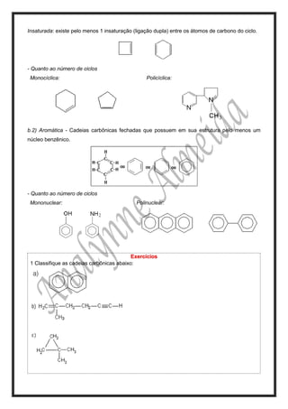 Insaturada: existe pelo menos 1 insaturação (ligação dupla) entre os átomos de carbono do ciclo.
- Quanto ao número de ciclos
Monocíclica: Policíclica:
b.2) Aromática - Cadeias carbônicas fechadas que possuem em sua estrutura pelo menos um
núcleo benzênico.
- Quanto ao número de ciclos
Mononuclear: Polinuclear:
Exercícios
1 Classifique as cadeias carbônicas abaixo:
 
