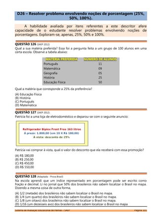 Sistema de Avaliação Educacional de Palmas – SAEP Página 101
D26 – Resolver problema envolvendo noções de porcentagem (25%,
50%, 100%).
A habilidade avaliada por itens referentes a este descritor afere
capacidade de o estudante resolver problemas envolvendo noções de
porcentagens. Exploram-se, apenas, 25%, 50% e 100%.
QUESTÃO 126 (SAEP 2012)
Qual a sua matéria preferida? Essa foi a pergunta feita a um grupo de 100 alunos em uma
certa escola. Observe a tabela abaixo:
MATÉRIA PREFERIDA NÚMERO DE ALUNOS
Português 11
Matemática 09
Geografia 05
História 25
Educação Física 50
Qual a matéria que corresponde a 25% da preferência?
(A) Educação Física
(B) História
(C) Português
(D) Matemática
QUESTÃO 127 (SAEP 2012)
Patrícia foi a uma loja de eletrodoméstico e deparou-se com o seguinte anuncio:
Patrícia vai comprar á vista, qual o valor do desconto que ela receberá com essa promoção?
(A) R$ 180,00
(B) R$ 250,00
(C) R$ 450,00
(D) R$ 550,00
QUESTÃO 128 (Adaptada - Prova Brasil)
Na escola aprendi que um índice representado em porcentagem pode ser escrito como
fração e decimal. Li no jornal que 50% dos brasileiros não sabem localizar o Brasil no mapa.
Dizendo a mesma coisa de outra forma,
(A) 1/2 (metade) dos brasileiros não sabem localizar o Brasil no mapa.
(B) 1/4 (um quarto) dos brasileiros não sabem localizar o Brasil no mapa.
(C) 1/8 (um oitavo) dos brasileiros não sabem localizar o Brasil no mapa.
(D) 1/16 (um dezesseis avo) dos brasileiros não sabem localizar o Brasil no mapa
 