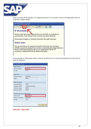 46
Clicar no campo Nº de posições e em seguida pressionar F1 no teclado e clicar em Configurações Técnicas,
conforme a imagem abaixo:
Vamos guardar as informações abaixo, antes de verificarmos se o campo está disponível em outra aba ou
parte do programa:
SAPLCTMV - CABN-ANZST
 