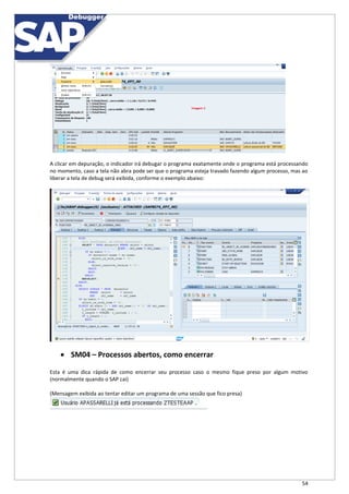 54
A clicar em depuração, o indicador irá debugar o programa exatamente onde o programa está processando
no momento, caso a tela não abra pode ser que o programa esteja travado fazendo algum processo, mas ao
liberar a tela de debug será exibida, conforme o exemplo abaixo:
 SM04 – Processos abertos, como encerrar
Esta é uma dica rápida de como encerrar seu processo caso o mesmo fique preso por algum motivo
(normalmente quando o SAP cai)
(Mensagem exibida ao tentar editar um programa de uma sessão que fico presa)
 