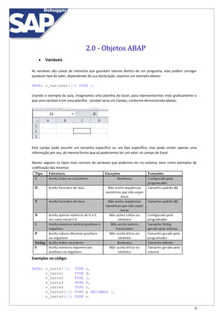 6
2.0 - Objetos ABAP
 Variáveis
As variáveis são caixas de memória que guardam valores dentro de um programa, elas podem carregar
qualquer tipo de valor, dependendo da sua declaração, vejamos um exemplo abaixo:
DATA: v_variavel(11) TYPE c.
Usando o exemplo da aula, imaginamos uma planilha do Excel, para representarmos mais graficamente o
que uma variável é em uma planilha. variável seria um Campo, conforme demonstrado abaixo:
Este campo pode assumir um tamanho específico ou um tipo específico, mas pode conter apenas uma
informação por vez, da mesma forma que só poderíamos ter um valor no campo do Excel.
Abaixo seguem os tipos mais comuns de variáveis que podemos ter no sistema, bem como exemplos de
codificação das mesmas:
Exemplos no código:
DATA: v_teste(10) TYPE c,
v_teste1 TYPE d,
v_teste2 TYPE i,
v_teste3 TYPE f,
v_teste4 TYPE t,
v_teste5(10) TYPE p DECIMALS 2,
v_teste6(10) TYPE n.
 