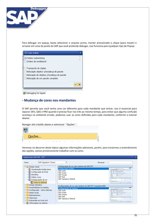 76
Para debugar um popup, basta selecionar o arquivo acima, manter pressionado o clique (para mover) e
arrastar em cima da janela do SAP que você pretende debugar, isso funciona para qualquer tipo de Popup:
- Mudança de cores nos mandantes
O SAP permite que você tenha uma cor diferente para cada mandante que entrar, isso é essencial para
separar DEV, QAS e PRD quando é preciso ficar nos três ao mesmo tempo, para evitar que alguma confusão
aconteça no ambiente errado, podemos usar as cores definidas para cada mandante, conforme o tutorial
abaixo:
Navegar até o botão abaixo e selecionar ``Opções``:
Veremos no decorrer deste tópico algumas informações adicionais, porém, para iniciarmos o entendimento
das opções, vamos primeiramente trabalhar com as cores:
 