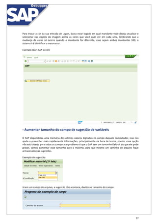 77
Para trocar a cor da sua entrada de Logon, basta estar logado em qual mandante você deseja atualizar e
selecionar nas opções da imagem acima as cores que você quer ver em cada uma, lembrando que a
mudança de cores só ocorre quando o mandante for diferente, caso sejam ambos mandantes 100, o
sistema irá identificar a mesma cor.
Exemplo (Cor: SAP Green)
- Aumentar tamanho do campo de sugestão de variáveis
O SAP disponibiliza uma memória dos últimos valores digitados no campo daquele computador, isso nos
ajuda a preencher mais rapidamente informações, principalmente na hora de testes, porém, essa opção
não está aberta para todos os campos e o problema é que o SAP tem um tamanho Default do que ele pode
gravar, vamos aumentar esse tamanho para o máximo, para que mesmo um caminho de arquivo fique
armazenado nas sugestões.
Exemplo de sugestão:
Já em um campo de arquivo, a sugestão não acontece, devido ao tamanho do campo:
 